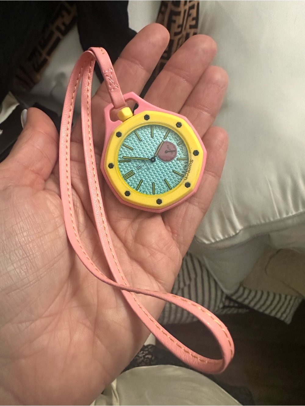 Swatch Pink and Yellow Kids Pendant Watch with Mint Dial Accent
